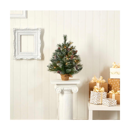 Nearly Natural 2 Ft. Frosted Pine Acritical Christmas Tree with 35 Clear LED Lights, Pinecones and Burlap Base (New in Box)