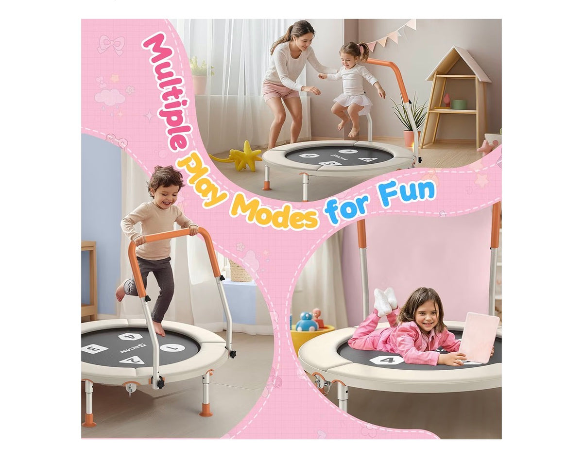 BCAN BT1 36 Inch Toddler Trampoline for Kids, Foldable Indoor Mini with Handlebar ASTM Certified Indoor Trampoline for Toddler, Baby, Adjustable Handlebar, Foldable Leg, Safety Pad Beige (New in Box)