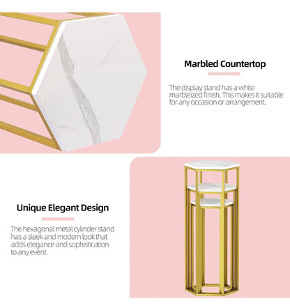 Urban Deco Cylinder Stand for Party, Set of 3 Gold Hexagon Pedestal Stands Metal Cylinder Pedestal Stand with Wooden Marble-Look Top, for Wedding, Party, Party (New in Box)