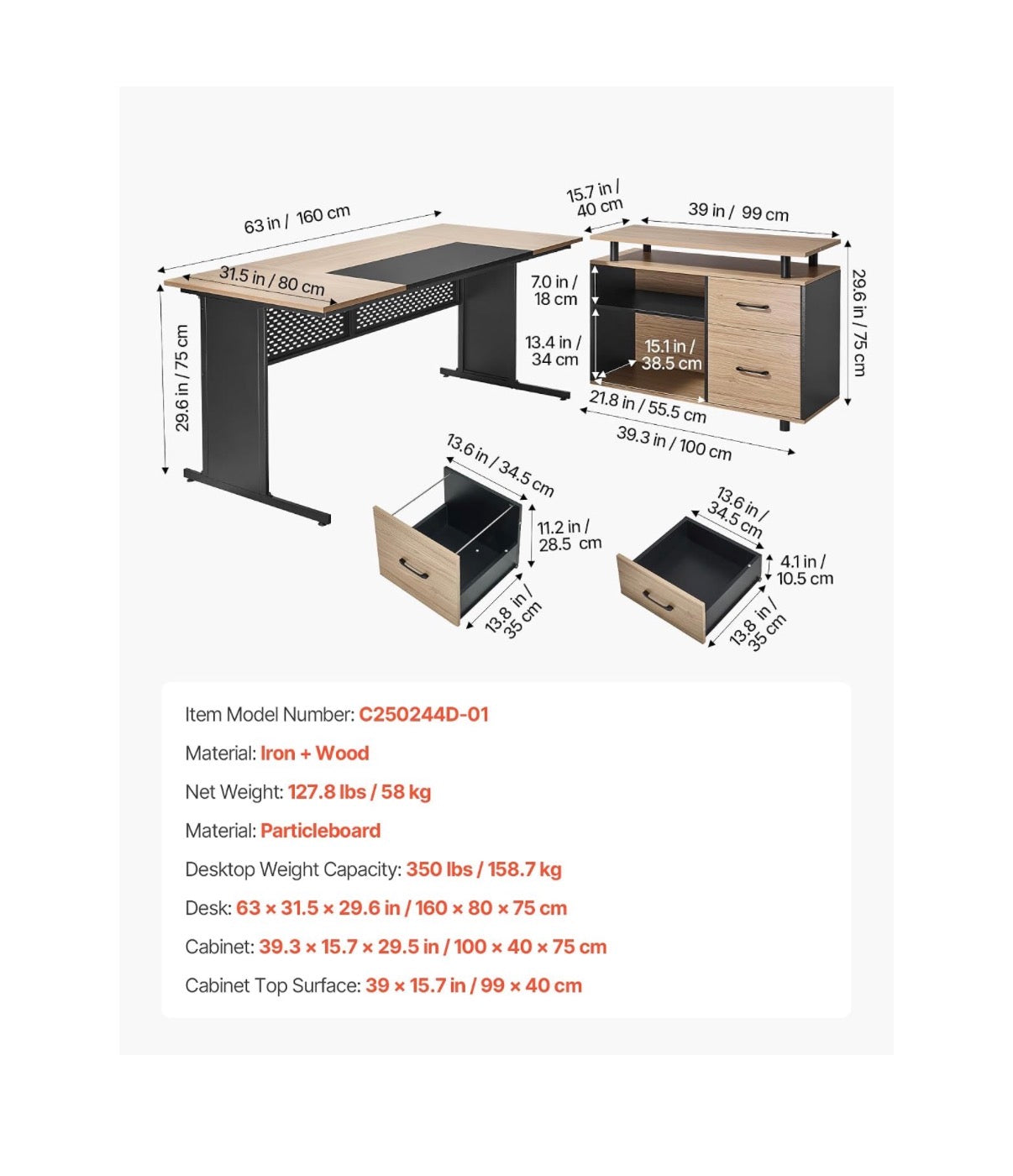 63 Inch L-Shaped Executive Desk, Large Office Desk with Drawers, File Storage Cabinet, Detachable 350lbs Load Capacity Corner Table, Easy Assembly, Business Furniture, Workstation for Home Office (Tan/Black) (New in Box)