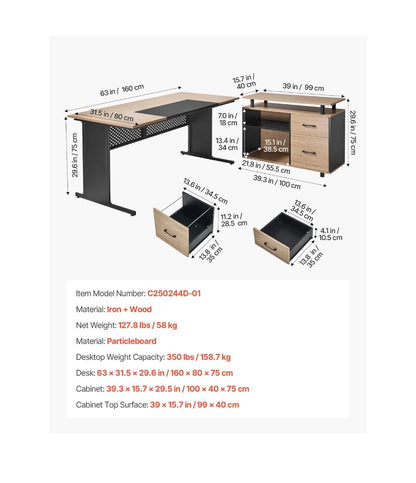 63 Inch L-Shaped Executive Desk, Large Office Desk with Drawers, File Storage Cabinet, Detachable 350lbs Load Capacity Corner Table, Easy Assembly, Business Furniture, Workstation for Home Office (Tan/Black) (New in Box)