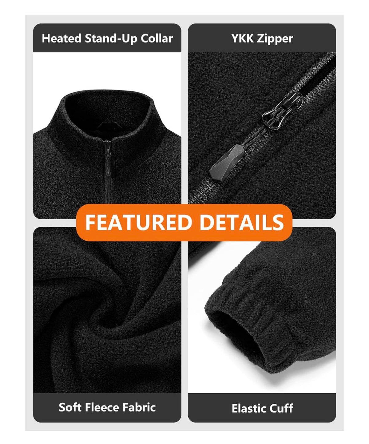 Men's Heated Fleece Jacket, 5 Zone Heating with 3 Temperature Settings & Single Button Control for Outdoor & Work (Size: Large) (Black) (New in Package)