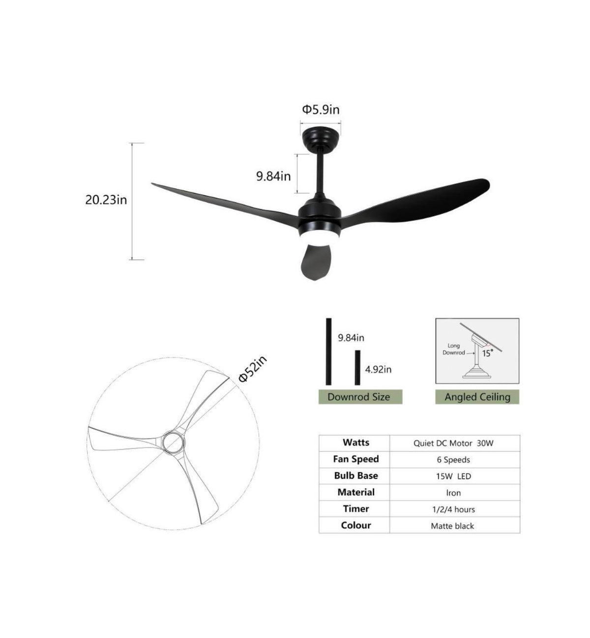 52 Inch Matte Black/Black Downrod Mount Modern 6 Speed Reversible Ceiling Fan w/ LED Light Remote Control, Downrod, Timer (New in Box)