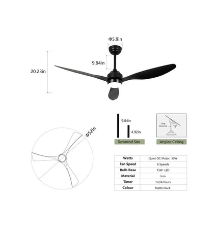 52 Inch Matte Black/Black Downrod Mount Modern 6 Speed Reversible Ceiling Fan w/ LED Light Remote Control, Downrod, Timer (New in Box)