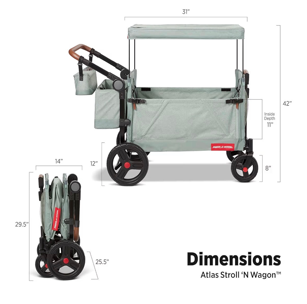 Radio Flyer Atlas Stroll 'N Wagon, for Ages 1+ 3-in-1 Push or Pull Versatility, One Hand Fold, UV Canopy, 5-Point Harnesses, Rubber Wheels, Storage Capabilities (Sage Green) (New in Box)