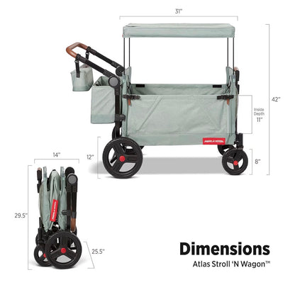 Radio Flyer Atlas Stroll 'N Wagon, for Ages 1+ 3-in-1 Push or Pull Versatility, One Hand Fold, UV Canopy, 5-Point Harnesses, Rubber Wheels, Storage Capabilities (Sage Green) (New in Box)