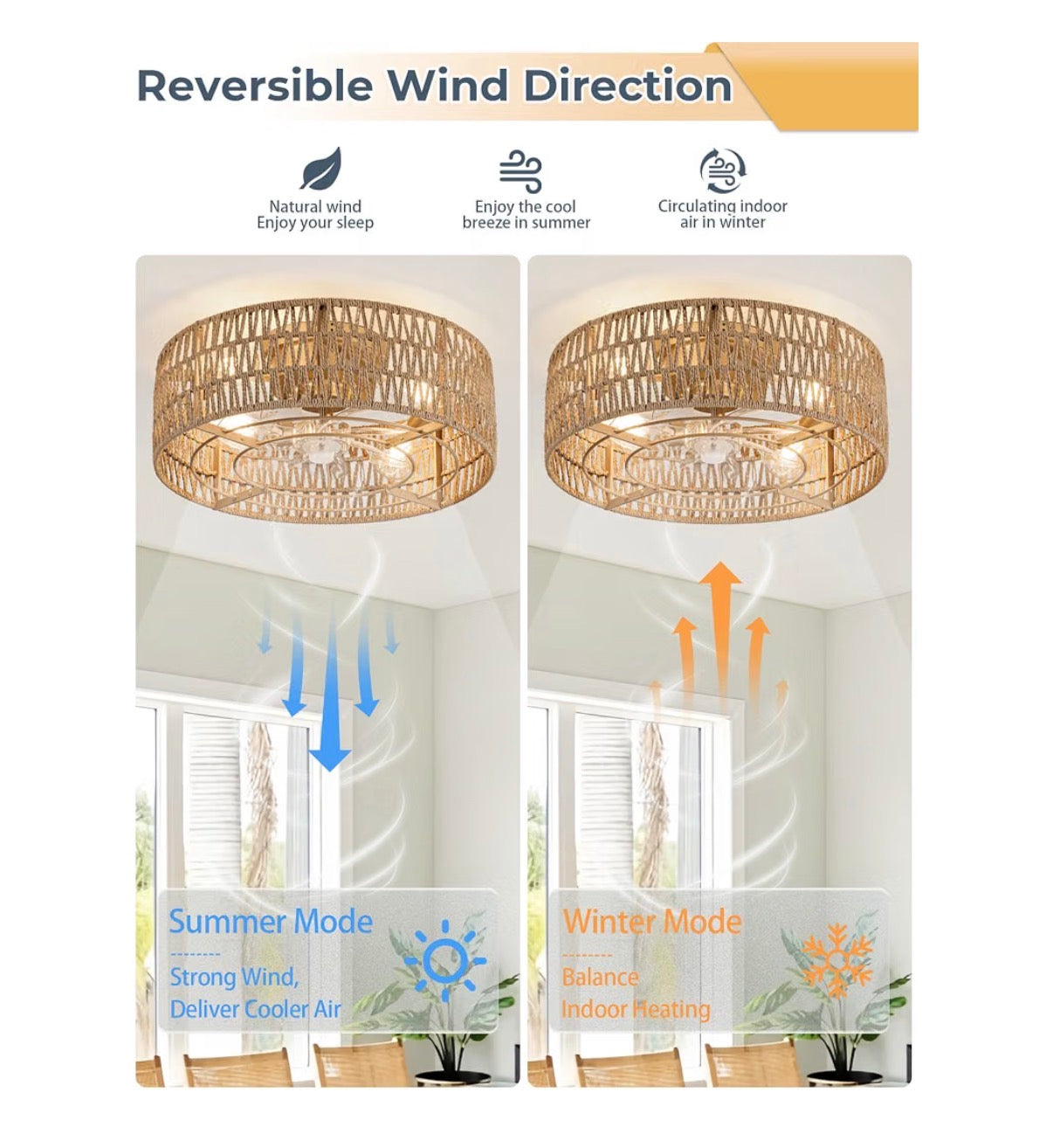 Boho Caged Flush Mount Ceiling Fan with Lights and Remote Control Hand Woven Rattan Chandelier with 6 Speeds Reversible and Timer Enclosed Design for Living Room, Bedroom, or Dining Room (New in Box) (Gold)