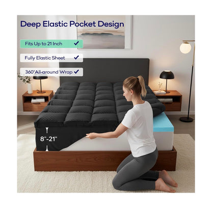 Olanly 4 Inch Dual-Layer Mattress Topper, Gel Memory Foam 2 Inch Gel Memory Foam Base and 2 Inch Cooling Pillow Top Mattress Cover, Deep Pockets Fits Mattresses Up to 21 Inch Full (Black) (New in Box)