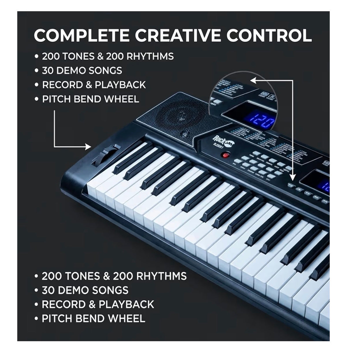 RockJam 61 Key Keyboard Piano Kit with Stand, Bench & Headphones Beginner Electric Keyboard Piano Set with Pitch Bend, LED Panel, Simply Piano Lessons and Note Stickers, All Included (New in Box)