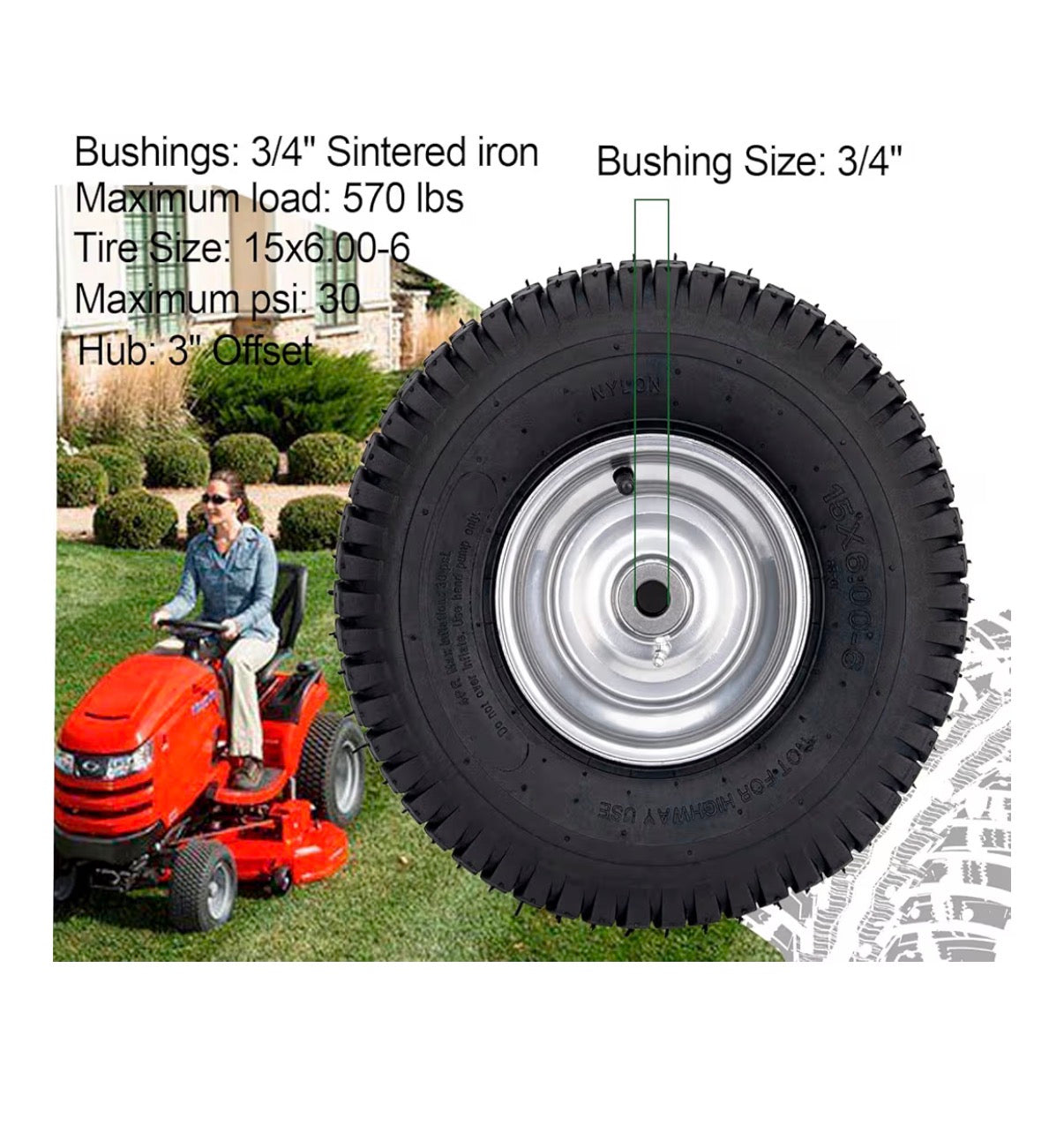 15 X 6.00-6 Lawn Mower Tire and Wheel Front Tire Compatible with John Deere Craftsman Husqvarna Riding Mowers Lawn Tractors (New in Box)