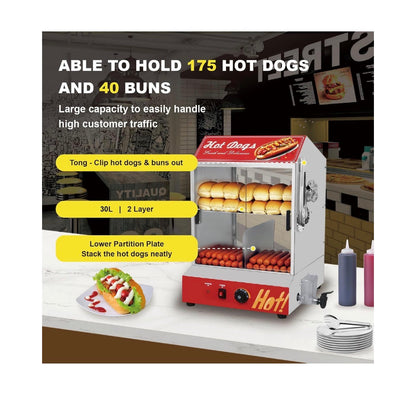 Hot Dog Steamer Machine, 31.7 QT/30L, 2 Tier Electric Hot Dog Steamer with Bun Warmer, Adjustable Temperature, Hot Dog Hut Steamer with Visible Glass Sliding Door, 175 Hot Dogs & 40 Buns Capacity (New in Box)