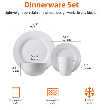 16 Piece Porcelain Dinnerware Set, Microwave and Dishwasher Safe, Service for 4, Plates, Bowls and Mugs (White) (New in Box)