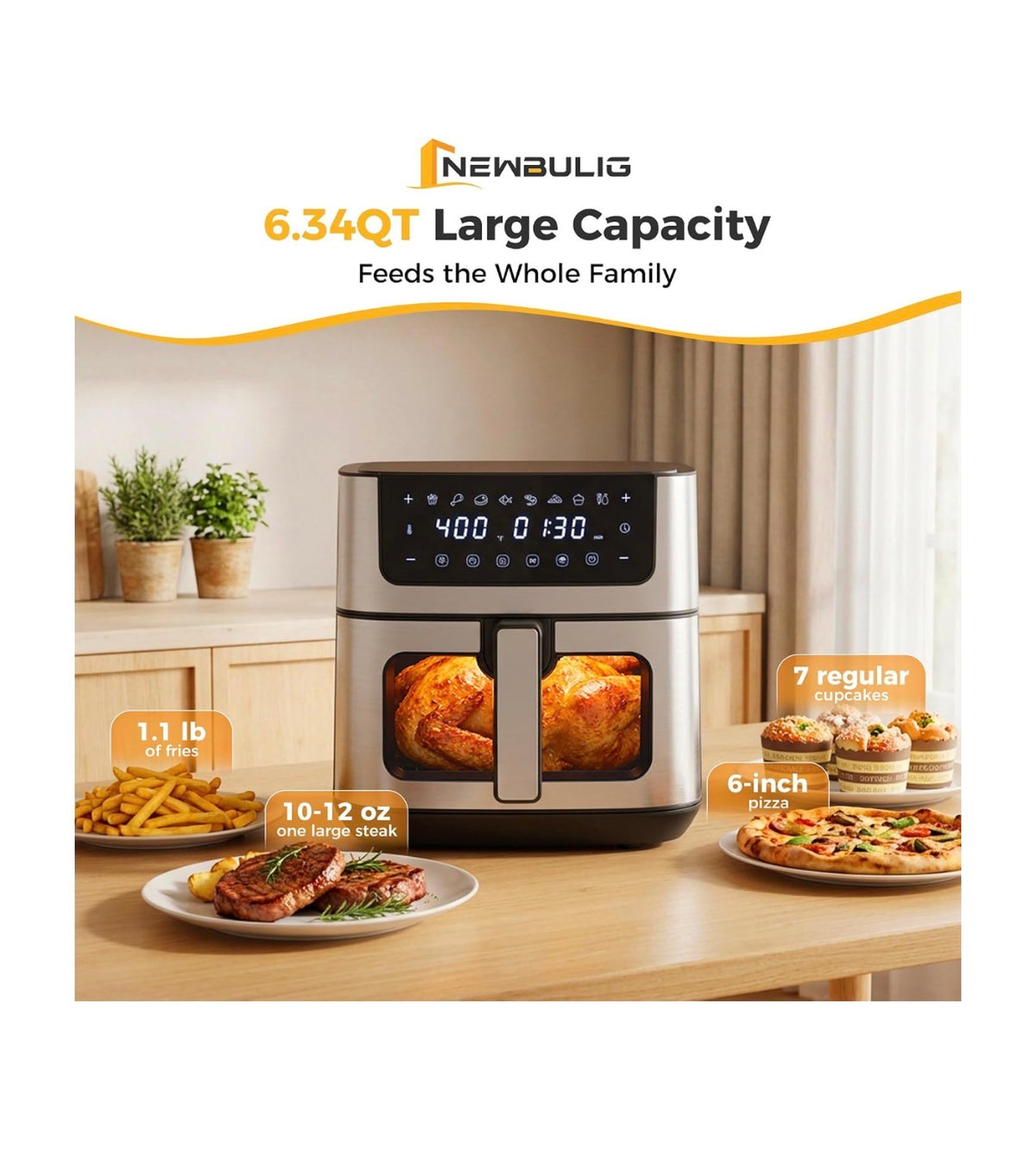 NEWBULIG Air Fryer 6.34 Qt. Air fryer with Visible Window 400 Degrees Fahrenheit Fast Heating Stainless Steel Air Fryers Oven with Nonstick and Dishwasher Safe Basket 8-in-1 Cooking Preset with Timer Auto-Off (Jet Black) (New in Box)