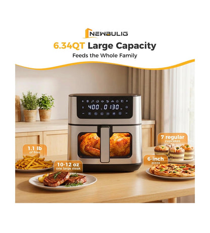 NEWBULIG Air Fryer 6.34 Qt. Air fryer with Visible Window 400 Degrees Fahrenheit Fast Heating Stainless Steel Air Fryers Oven with Nonstick and Dishwasher Safe Basket 8-in-1 Cooking Preset with Timer Auto-Off (Jet Black) (New in Box)