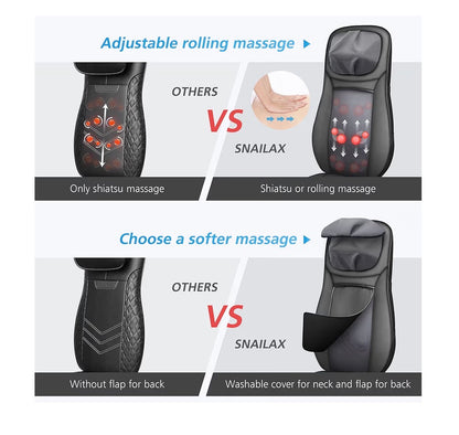 Snailax Shiatsu Neck & Back Massager with Heat, Full Back Kneading Shiatsu or Rolling Massage, Massage Chair Pad with Height Adjustment, Back Massager for Neck and Shoulder (New in Box)