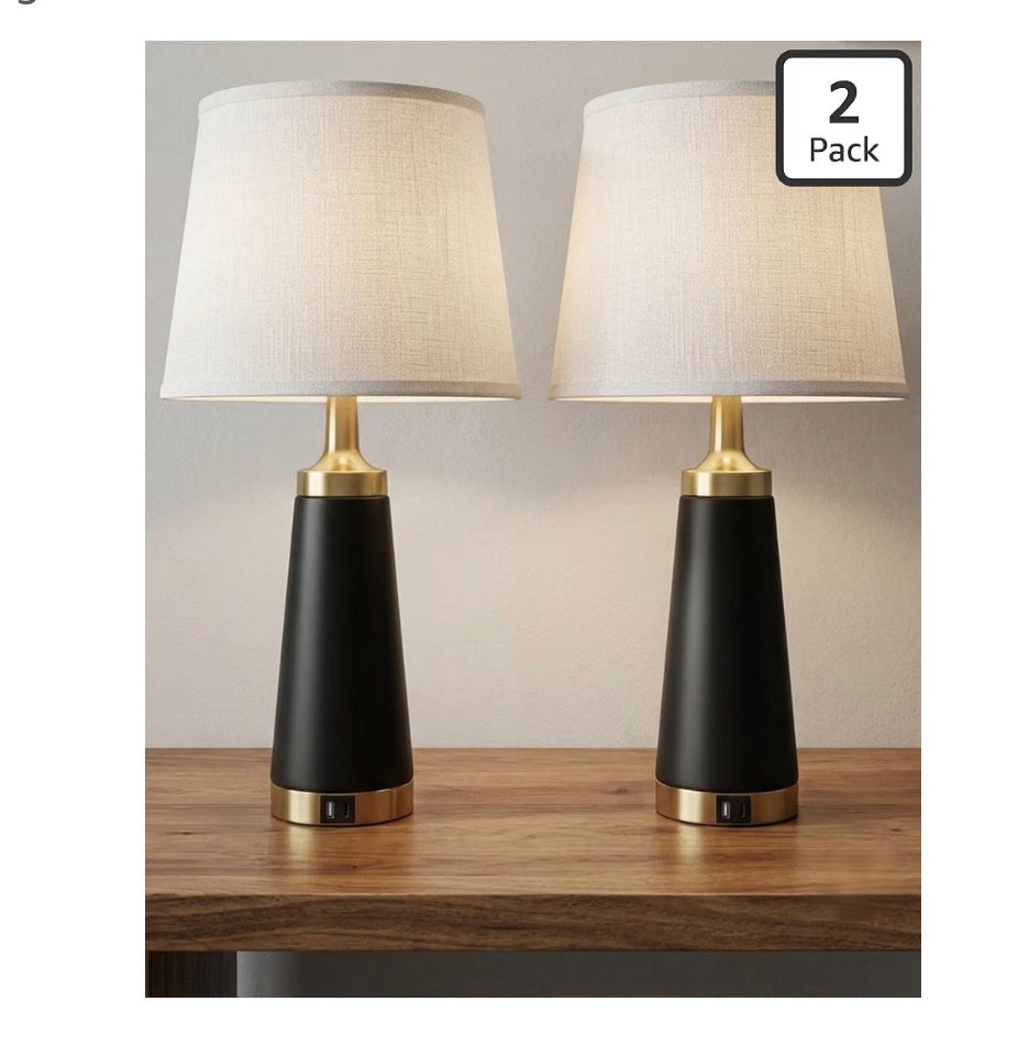 Bedside Table Lamp for Bedroom Nightstand 24 Inch Night Stand Lamps Set of 2 USB A & C Charging Ports and Outlets Side Table Lights with White Linen Shade, Knob Switch for Living Room (Black and Gold) (New in Box)