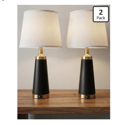 Bedside Table Lamp for Bedroom Nightstand 24 Inch Night Stand Lamps Set of 2 USB A & C Charging Ports and Outlets Side Table Lights with White Linen Shade, Knob Switch for Living Room (Black and Gold) (New in Box)