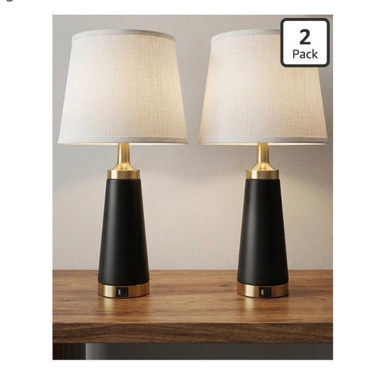 Bedside Table Lamp for Bedroom Nightstand 24 Inch Night Stand Lamps Set of 2 USB A & C Charging Ports and Outlets Side Table Lights with White Linen Shade, Knob Switch for Living Room (Black and Gold) (New in Box)