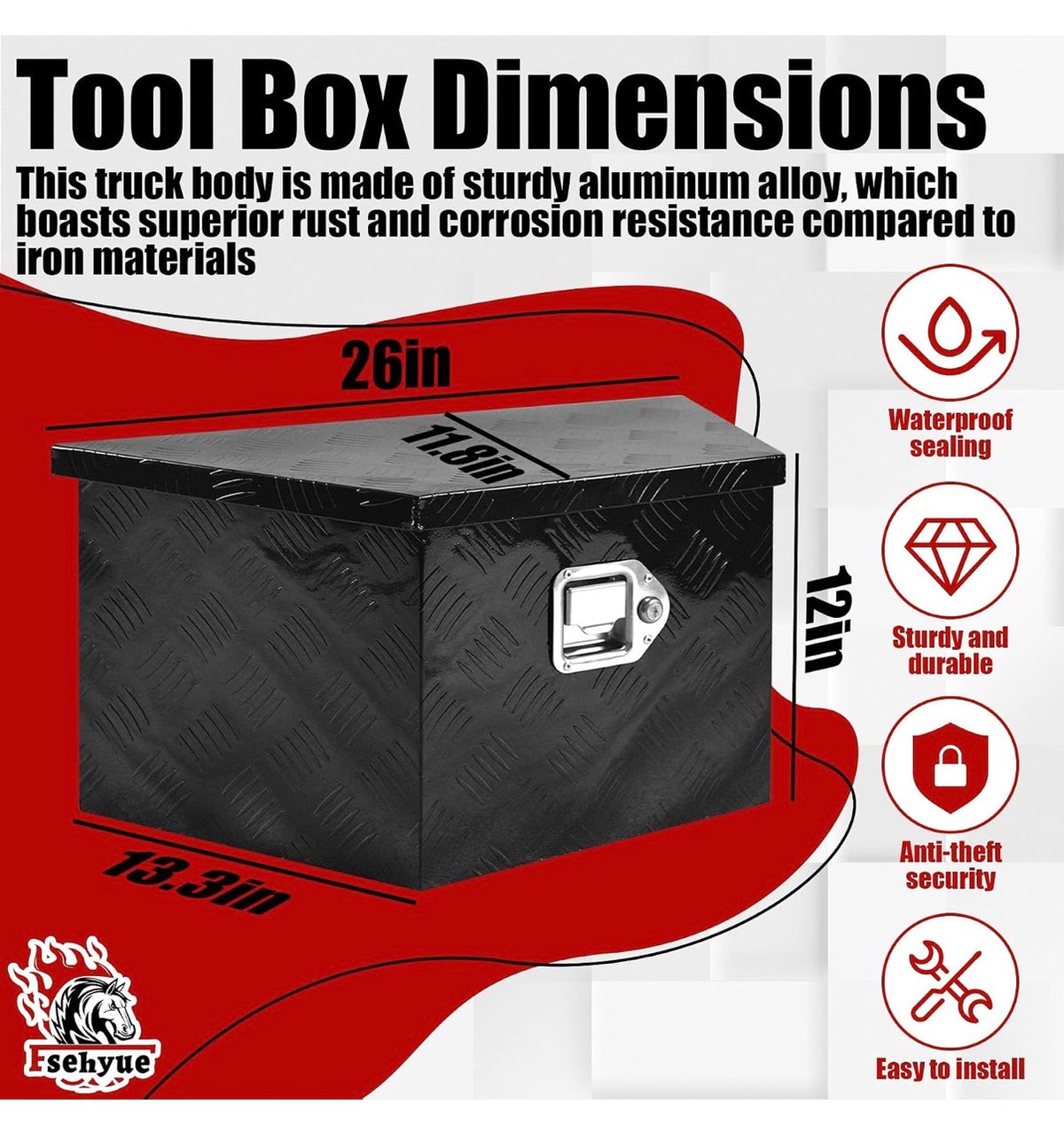 26 Inch X 13.3 Inch X 12 Inch Aluminum Trailer Tongue Tool Box Heavy Duty Storage Box 5 Bar Tread Pattern Toolboxes with Lock and Keys Suitable for Trailer RV (Black) (New in Box)