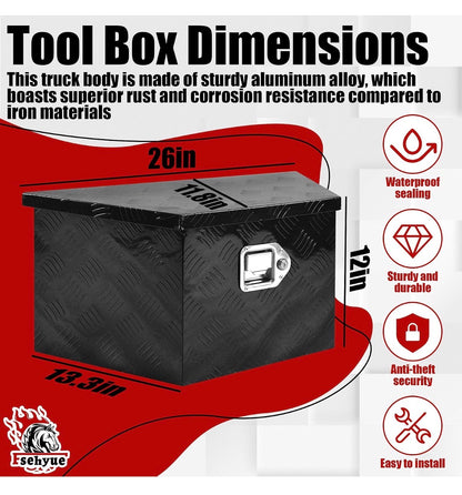 26 Inch X 13.3 Inch X 12 Inch Aluminum Trailer Tongue Tool Box Heavy Duty Storage Box 5 Bar Tread Pattern Toolboxes with Lock and Keys Suitable for Trailer RV (Black) (New in Box)