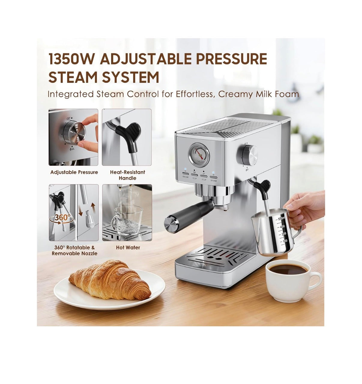 Espresso Machine 20 Bar with Milk Frother, Stainless Steel 47 oz Water Tank, Warm Cup & Auto Shut Off (Silver) (New in Box)