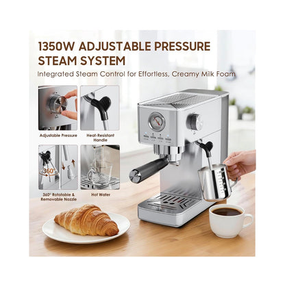 Espresso Machine 20 Bar with Milk Frother, Stainless Steel 47 oz Water Tank, Warm Cup & Auto Shut Off (Silver) (New in Box)