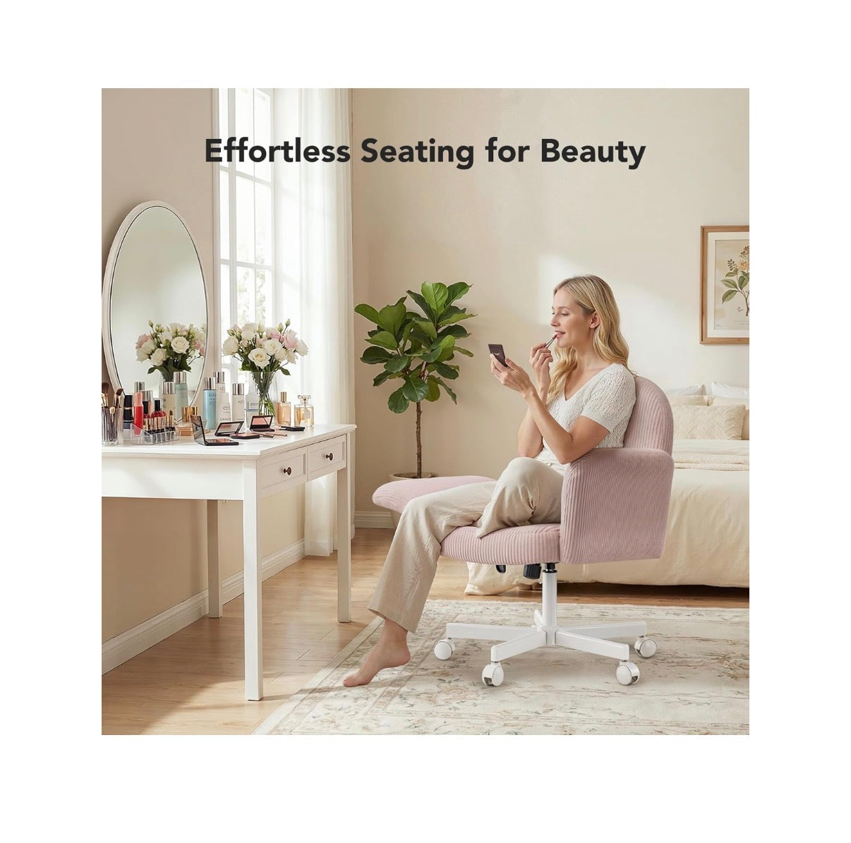 Criss Cross Office Chair, Cross Legged Desk Chair with Adjustable Armrests, Soft Corduroy Fabric for Small Spaces, Home Office Computer Chair (Pink/White) (New in Box)