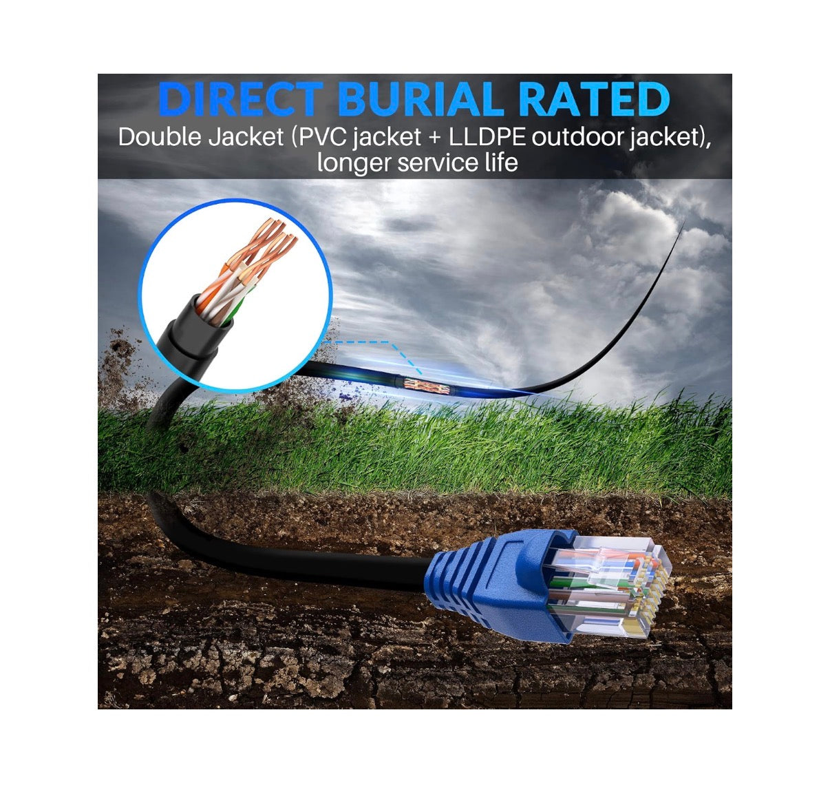 Cat6 Outdoor Ethernet Cable 350ft. Heavy Duty Double Jackets Internet Cord, Waterproof, Direct Burial (From 25ft. to 500ft Support PoE, Cat6, Cat5e, Cat5 Network, Cat6 RJ45 Patch Cable with 25 Ties