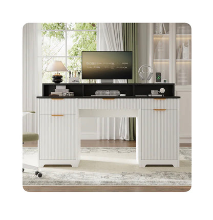 Office Desk Computer Table with Power Outlets and Monitor Stand 59 Inch Modern/Contemporary (White) (New in Box)