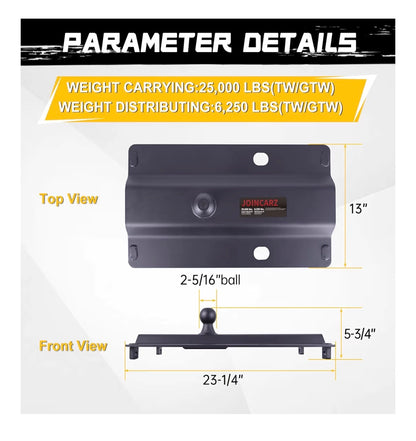 25000lbs Gooseneck Ball Plate Fit for 5th Wheel Rails, Gooseneck Adapter Hitch for Pickup Truck Bed Trailer Towing, 2-5/16 Inch Ball, Fits Industry Standard Rails, Carbide Black Powder Coat (New in Box)