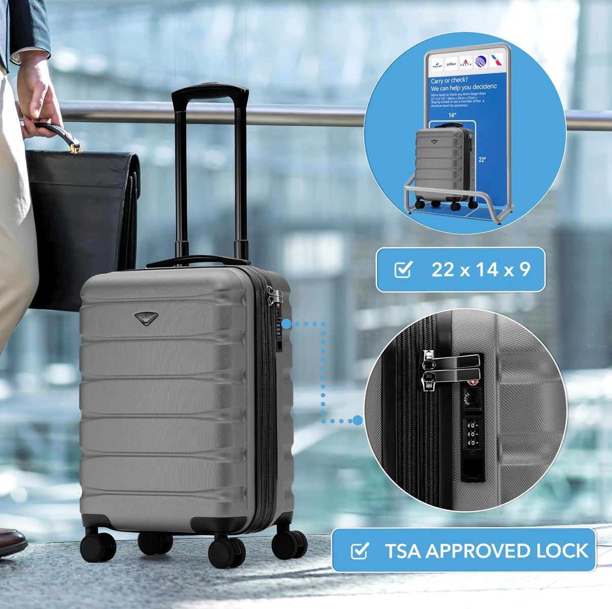 Charcoal- Flight Knight 22x14x9" Expandable Carry On Suitcase Hardside TSA Lock USB C Port Lightweight Luggage