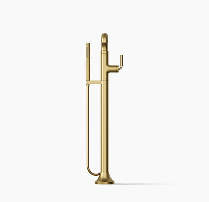 Floor Mount Bath Filler Trim with Handshower Vibrant Brushed Moderne Brass