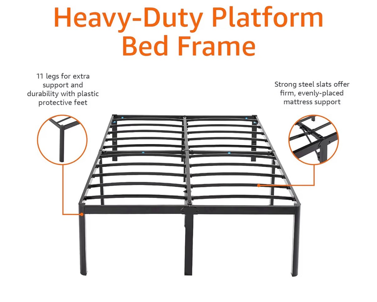 Heavy Duty Non-Slip Sturdy Bed Frame with Steel Slats, No Box Spring Needed, Noise Free, Easy Assembly, 18 Inch Height, Full (Black) (New in Box)