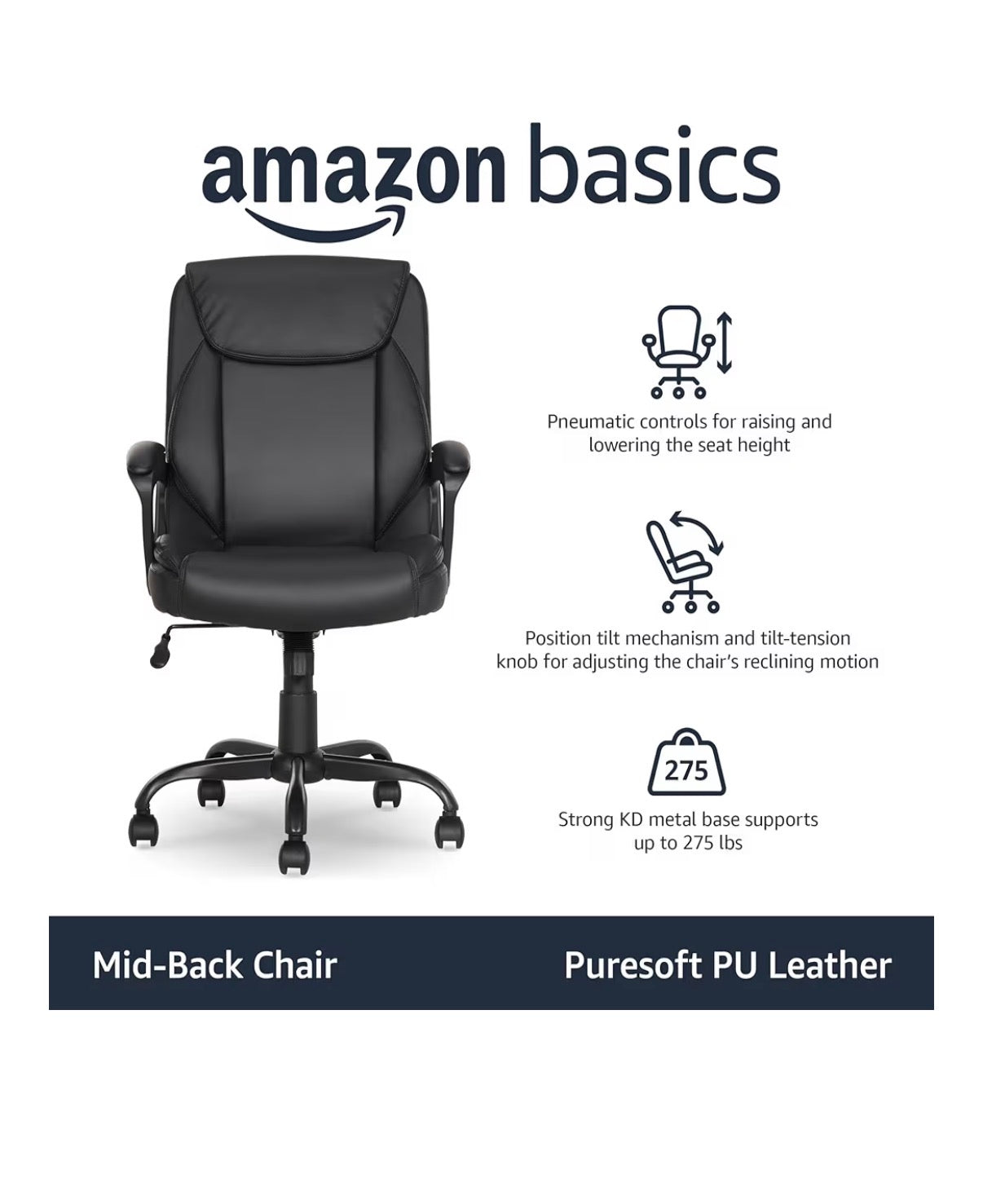 Amazon Basics Classic Puresoft PU Padded Mid-Back Office Desk Chair with Armrest, Easy Assembly, Sturdy Metal Base, Wheels, 275lb Support 26 Inch X 23.75 Inch X 42 Inch (Black) (New in Box)