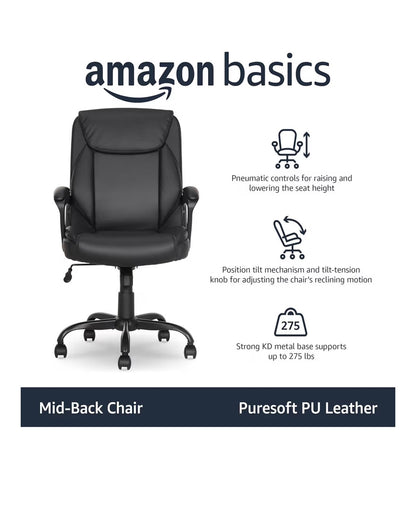 Amazon Basics Classic Puresoft PU Padded Mid-Back Office Desk Chair with Armrest, Easy Assembly, Sturdy Metal Base, Wheels, 275lb Support 26 Inch X 23.75 Inch X 42 Inch (Black) (New in Box)