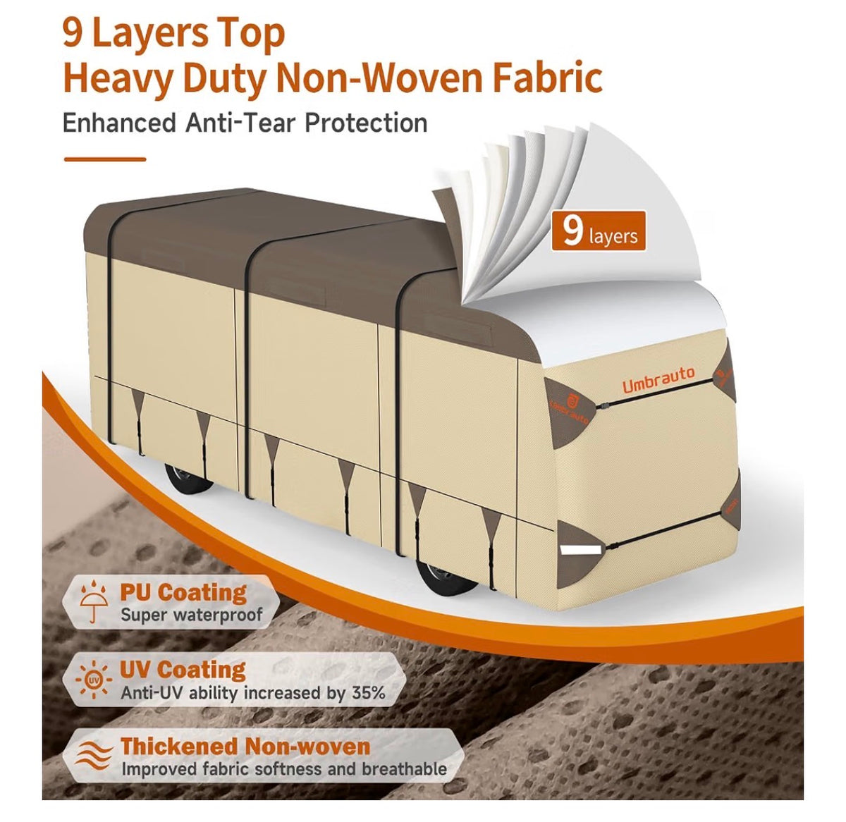 Class A RV Cover 37 Ft-40 Ft. Upgraded Heavy Duty 9 Layers Top Class A Motor Home Cover, Windproof & Breathable Toy Hauler Trailer Covers Includes 3 Extra Straps & Gutter Covers (Brown/Beige) (New in Box)
