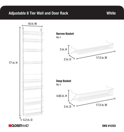 Closet Maid 18 Inch W X 77 Inch H X 5.2 Inch D 8 Tier White Metal Door Organizer (New in Box)