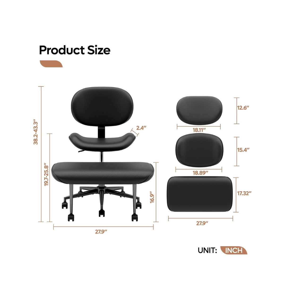 Pinmoco Upgraded Cross Legged Office Chair with Wheels, ADHD Chair for Adults, Wider Height Adjustable Backrest and Seat, Meditation Chair, Ergonomic & Yoga Office Chair (PU Leather Black) (New in Box)