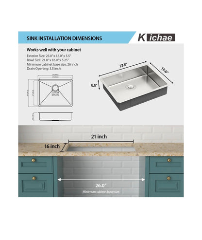 Kichae 23 Inch X 18 Inch X 5 Inch Undermount RV Prep Bar Sink Stainless Steel ADA Compliant 16 Gauge Small Kitchen Sink Single Bowl Under Mount Low Depth Handmade Basin (New in Box)