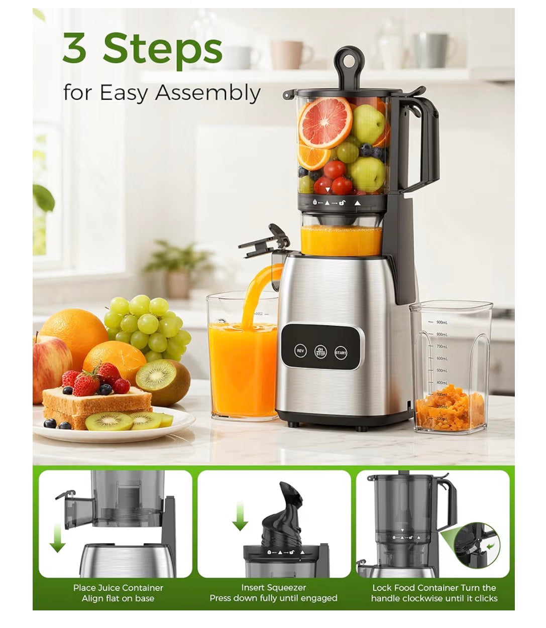 Cold Press Juicer, Advanced Touch Control Juicer Machine with 5.4-Inch-Wide Feed Chute, Quiet Motor High Juice Yield Slow Masticating Juicer for Whole Fruits & Vegetables (New in Box)