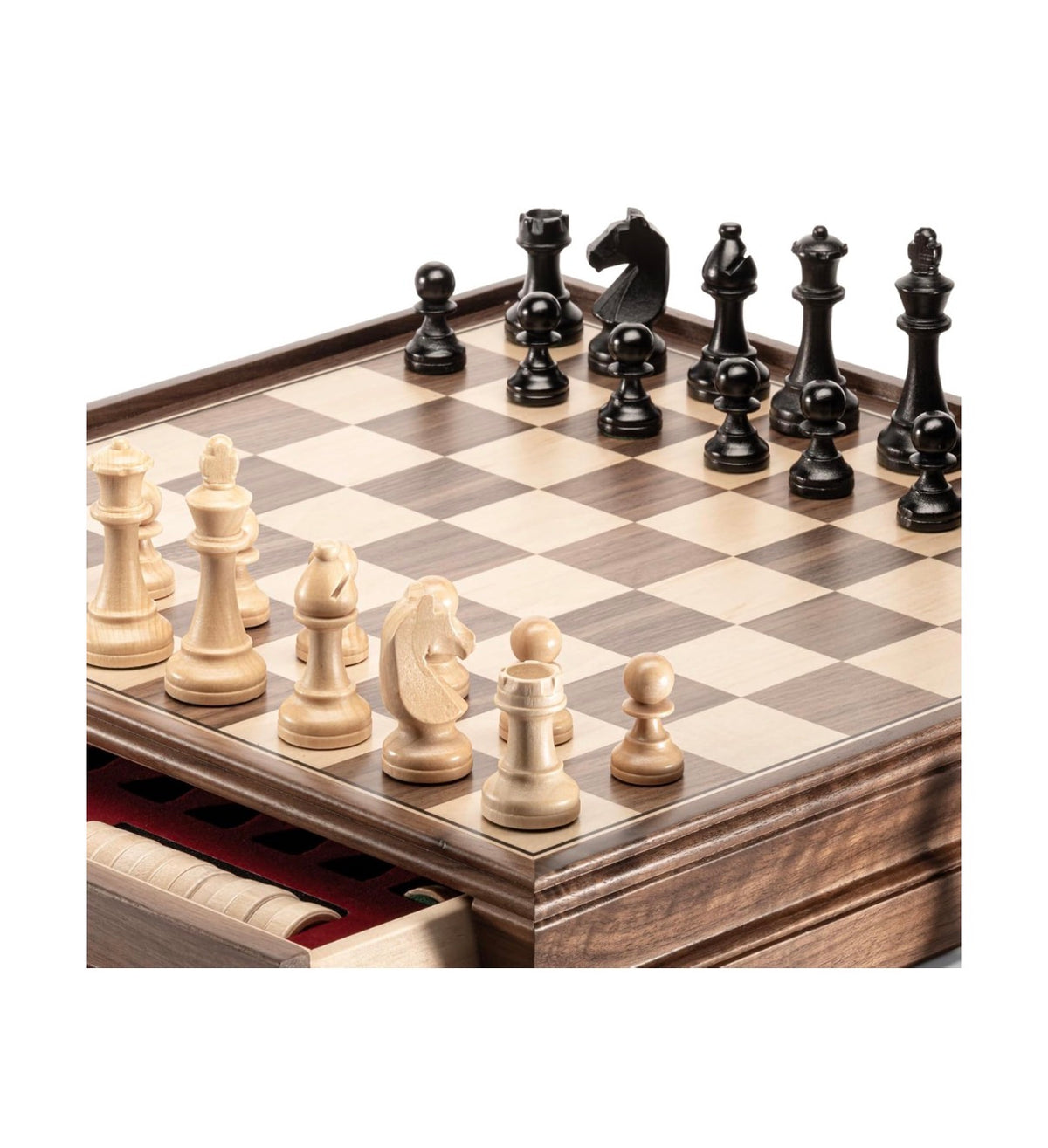 A&A 15 Inch Walnut Wooden Chess Set with Storage Drawer, Triple Weighted Pieces, 3.0 Inch King Height, 2 Etra Queen, Classic 2in 1 Chess and Checkers Board Game (New in Box)