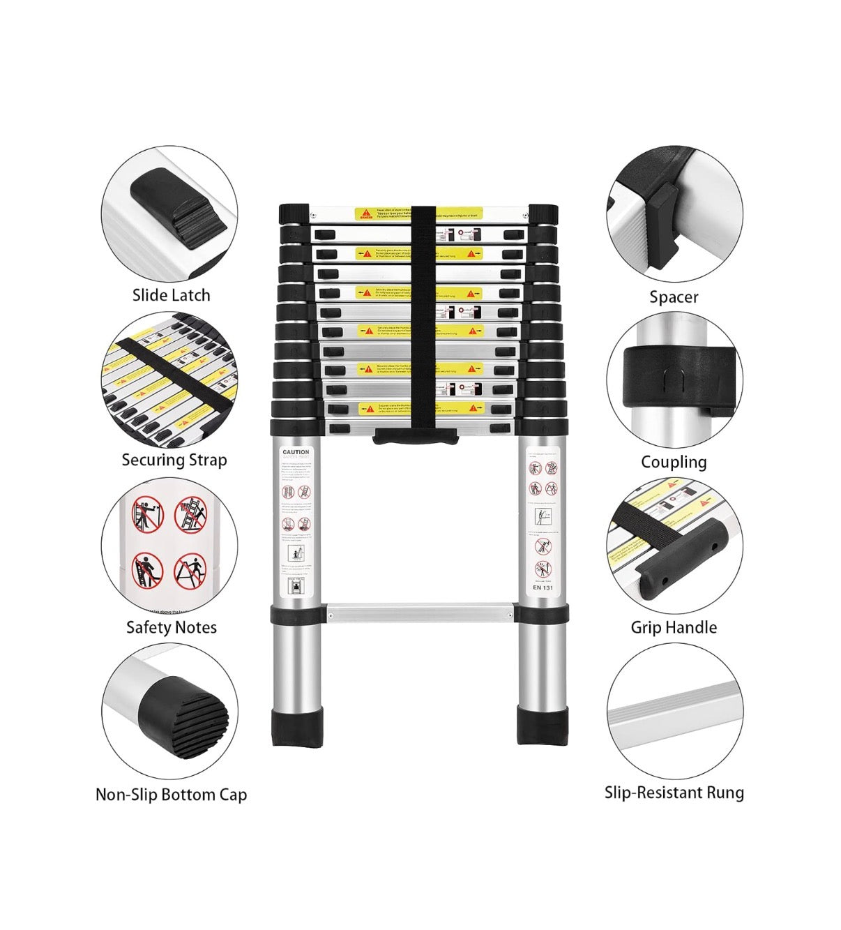 Telescoping Ladders, EN131 Standards Aluminum Extension Ladder Multi-Purpose Collapsible Ladder for RV or Outdoor Work 12.5Ft./3.8M (New in Box)
