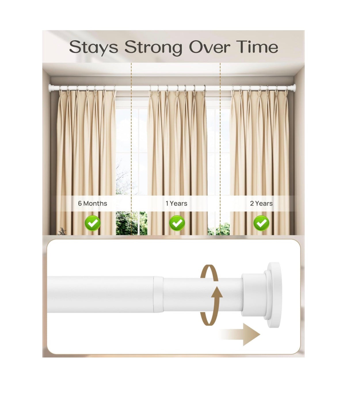 Heavy Duty Tension Curtain Rod 42 Inch to 76 Inch Anti-Slip Spring Loaded Curtain Rods No Drilling, Apartment Renter Friendly Tension Rod for Windows, Bathroom, Closet & Door (White) (New in Box)
