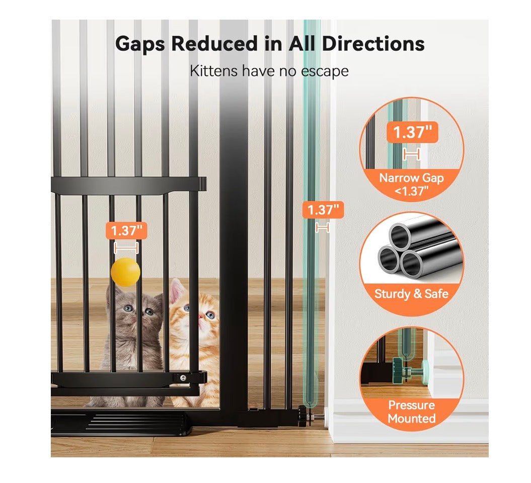Comomy 55.1 Inch Extra Tall Pet Gate for Cats, 29.5-43 Inches Extra Wide Cate Gate with Adjustable Cat Door, Pressure Mounted Easy Walk Through Pet Gate with Door for Stairs, Doorways, Kitchen (Black) (New in Box)