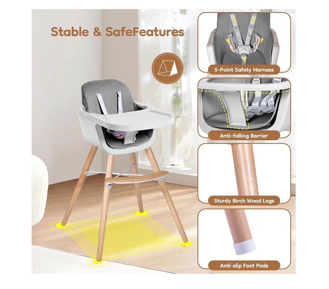 High Chair for Babies and Toddlers, 3-in-1 Convertible Wooden Highchair, Baby High Chair with Adjustable Legs, 5 Point Harness, Footrest, Dishwasher-Safe Tray & PU Leather Cushion (Gray) (New in Box)
