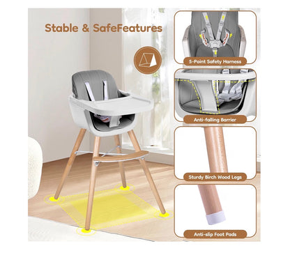 High Chair for Babies and Toddlers, 3-in-1 Convertible Wooden Highchair, Baby High Chair with Adjustable Legs, 5 Point Harness, Footrest, Dishwasher-Safe Tray & PU Leather Cushion (Gray) (New in Box)
