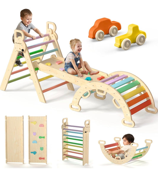 Pikler Triangle Set with Safe Handle, Climbing Toy for 1-3 Years Patented Safety Design, Foldable 7-in-1 with Wooden Car, standard Size (Rainbow) (New in Box)