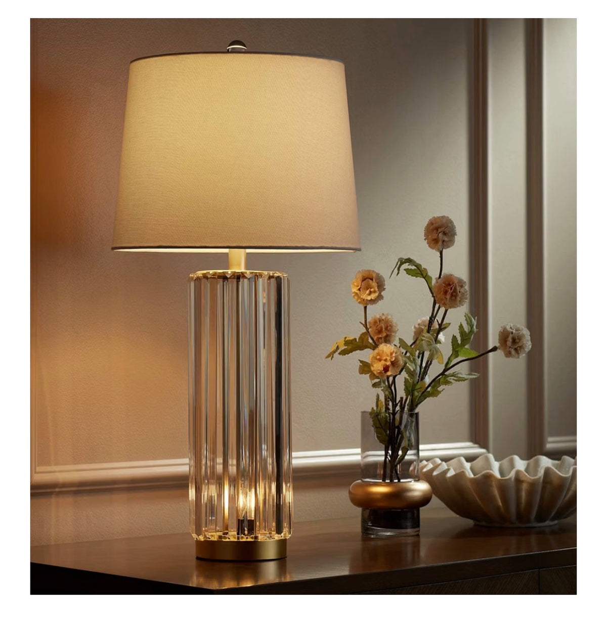 Rivera 27 3/4-Inch-Tall Table Lamp Gold Vintage Glass Rod Night Light LED Modern Traditional Nightlight Clear Bedroom, Living Room, Nightstand, Bedside, Office, Kids White Tapered Drum Shade (New in Box)
