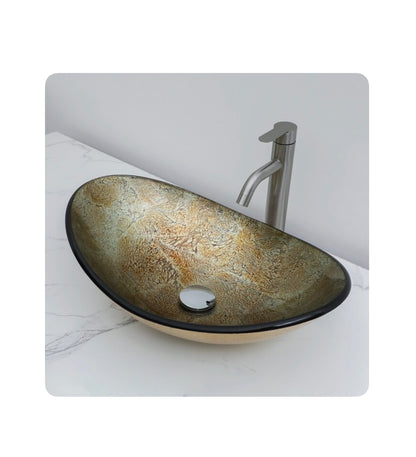 Glass 14 Inch Vessel Oval Modern Antique Gold Bathroom Sink with Drain (New in Box)