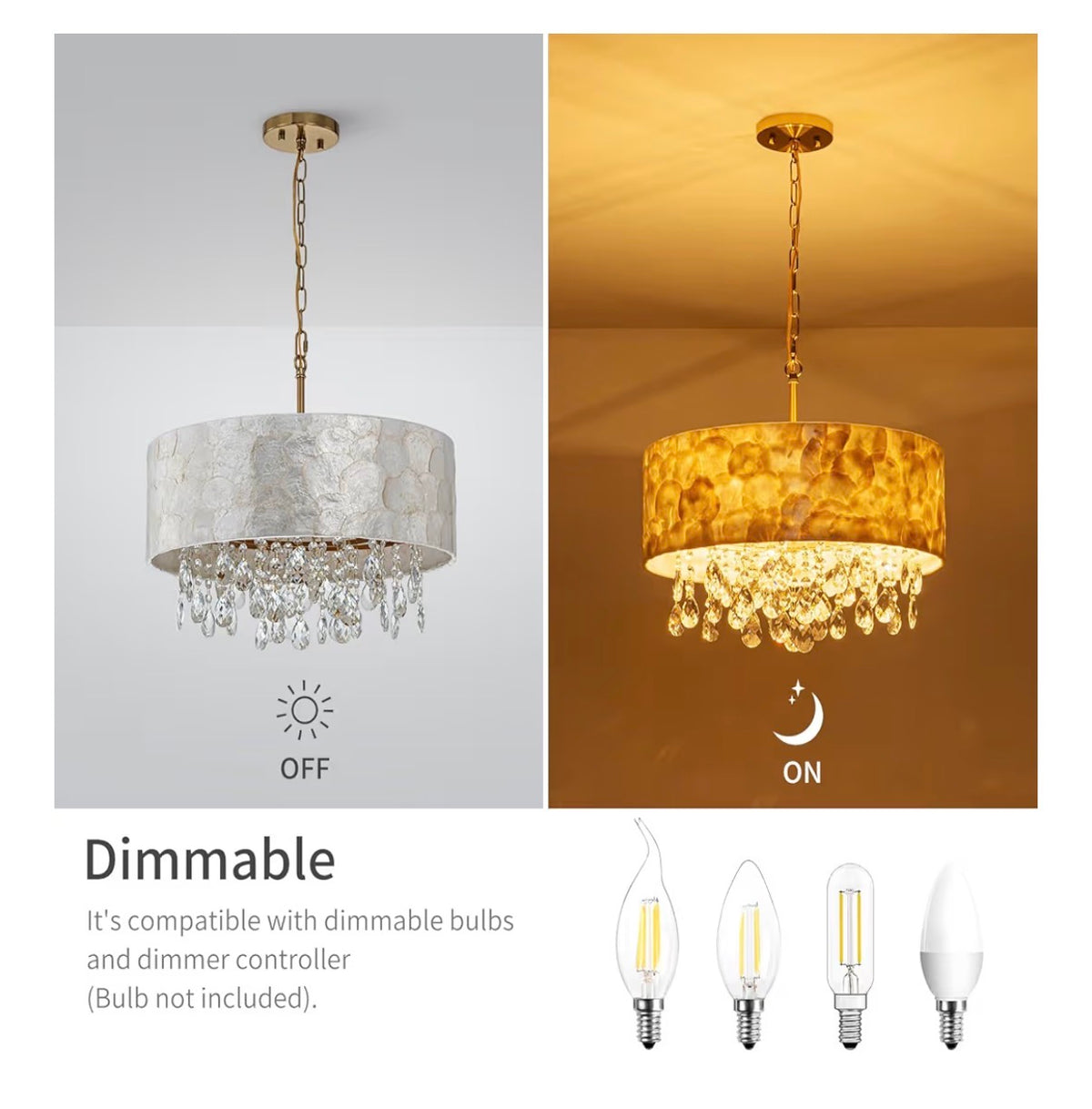 18 Inch Drum Capiz Shell Crystal Chandelier, 4 Light Coastal Style Light Fixture for Dining Room, Living Room, 18 Inch Diameter X 21-68 Inch Adjustable, K9 Crystal, Shell Lampshade & Gold Finish (New in Box)